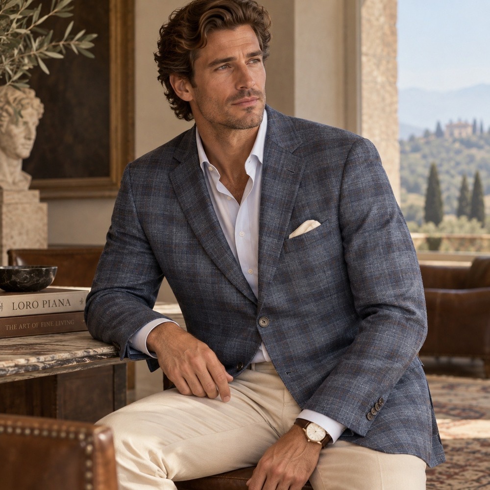 Loro Piana Wool Silk Linen Cremieux Collection Sport Coat Blazer Blue Plaid 48L